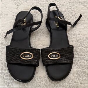 GUESS Black Woven Front Slingback Sandals with Gold Logo